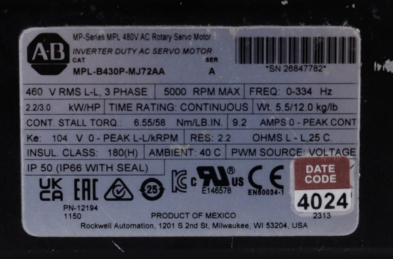 Allen Bradley MPL-B430P-MJ72AA Series A 460VAC 5000RPM 2.2kW 6.55Nm Servo Motor