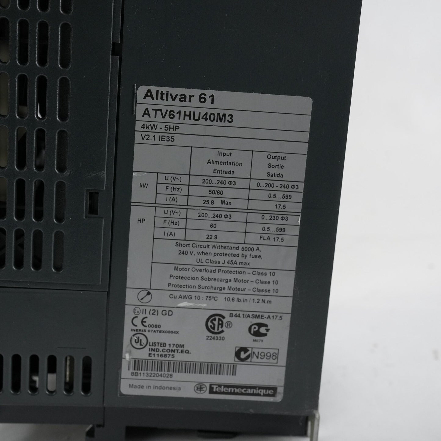 Schneider Electric ATV61HU40M3 Altivar 61 Drive 5hp 240v