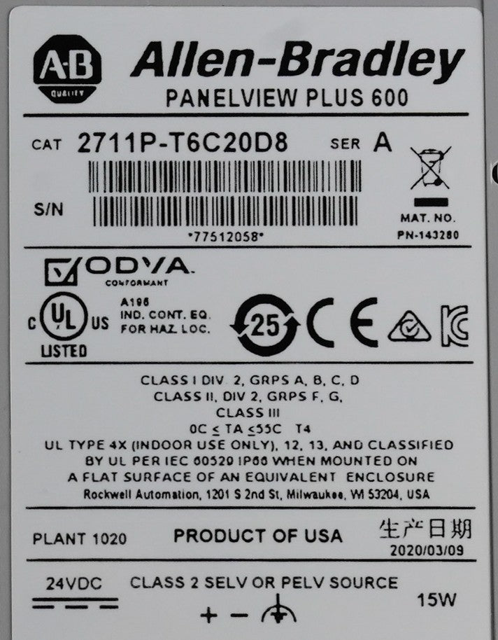 Allen-Bradley 2711P-T6C20D8 /A Panelview Plus 600 Operator Interface Panel