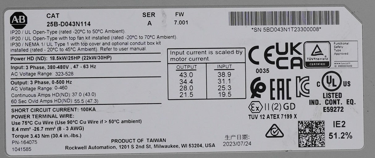 Allen Bradley 25B-D043N114 /A PowerFlex 525 AC Drive 3Ph 25BD043N114 25HP 480V
