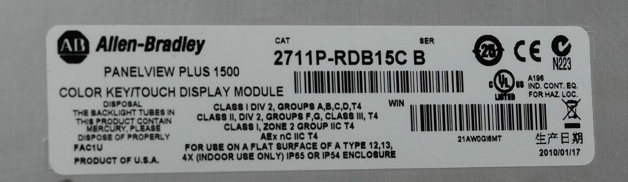 Allen Bradley 2711P-B15C6D1 /A Panelview Plus 1500 Terminal + RN6 2711p-RDB15C