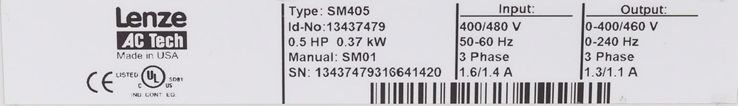 Lenze AC Tech SM405 Inverter Drive 0.5HP 0.37kW 480V 3-Phase 50/60Hz