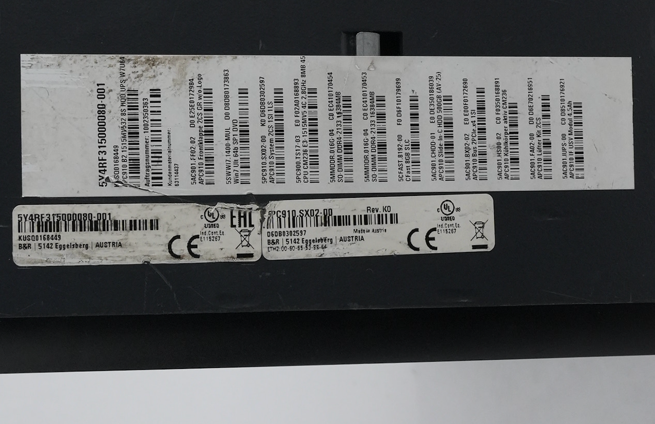 B&R Automation PC 910 5PC910.SX02-00 Rev K0 / 5Y4RF315000080-001 Industrial PC