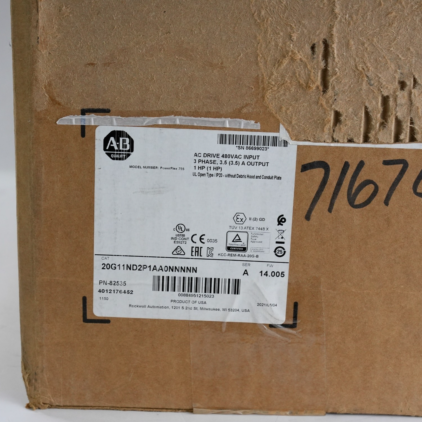 Allen Bradley 20G11ND2P1AA0NNNNN /A FW 14.005 PowerFlex 755 Drive - Open Box