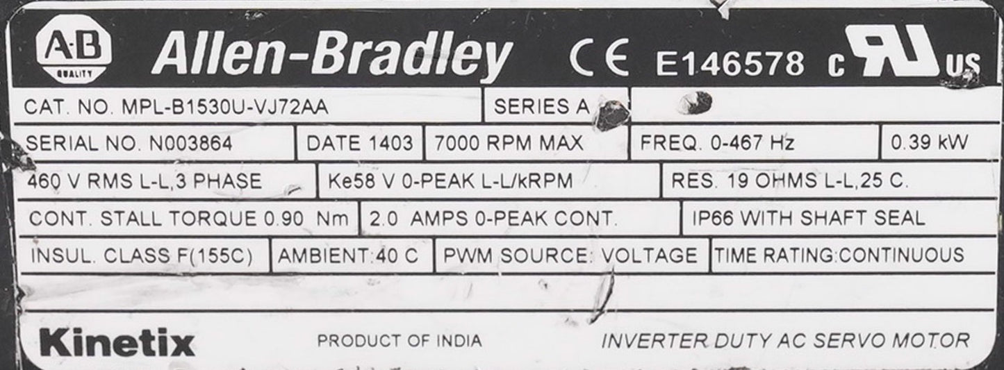 Allen Bradley MPL-B1530U-VJ72AA /A Servo Motor 3-Phase 7000RPM 460V 0.39kW