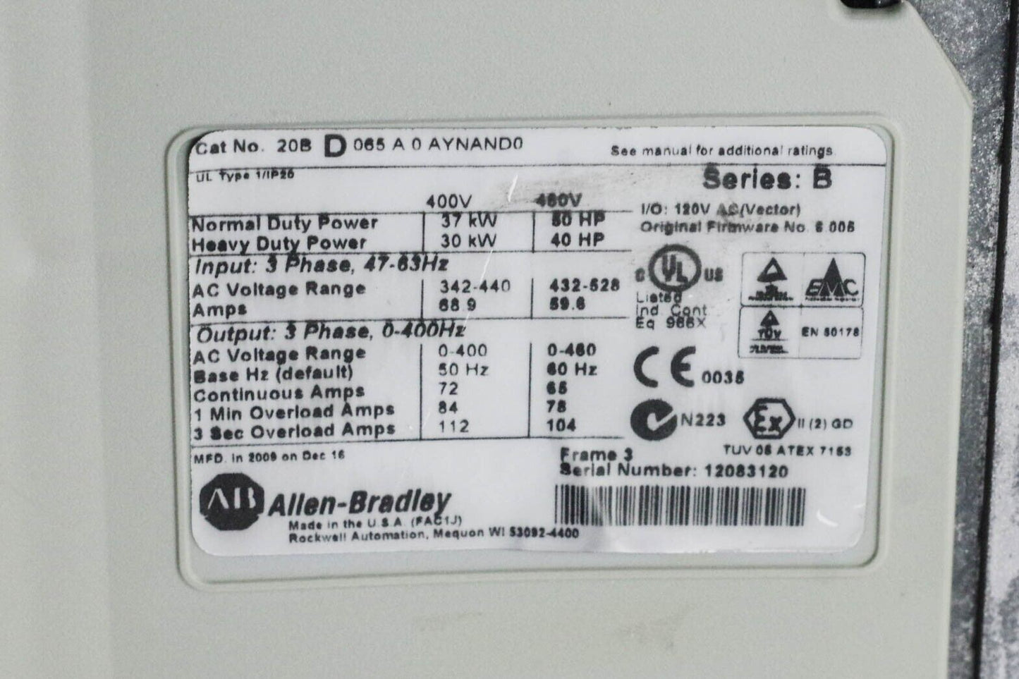 Allen Bradley PowerFlex 700 VFD 20BD065A0AYNAND0 / 20B D 065 A0AYNAND0 50HP