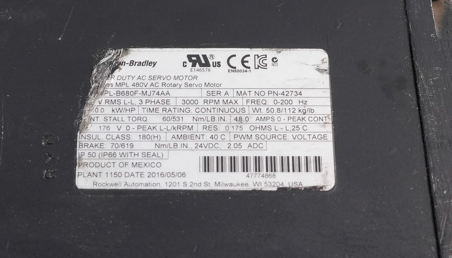 Allen Bradley MPL-B680F-MJ74AA /A Inverter Duty AC Servo Motor 3-Ph 3000RPM