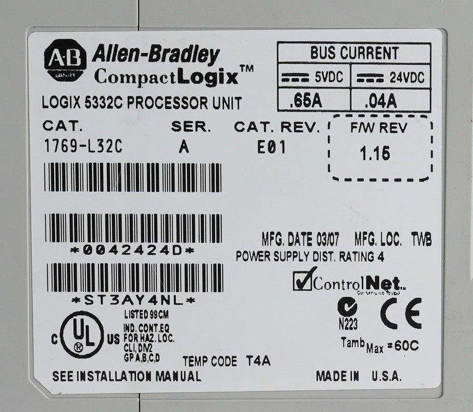 Allen Bradley 1769-L32C /A F/W REV 1.15 Compactlogix Logix 5332C Processor Unit