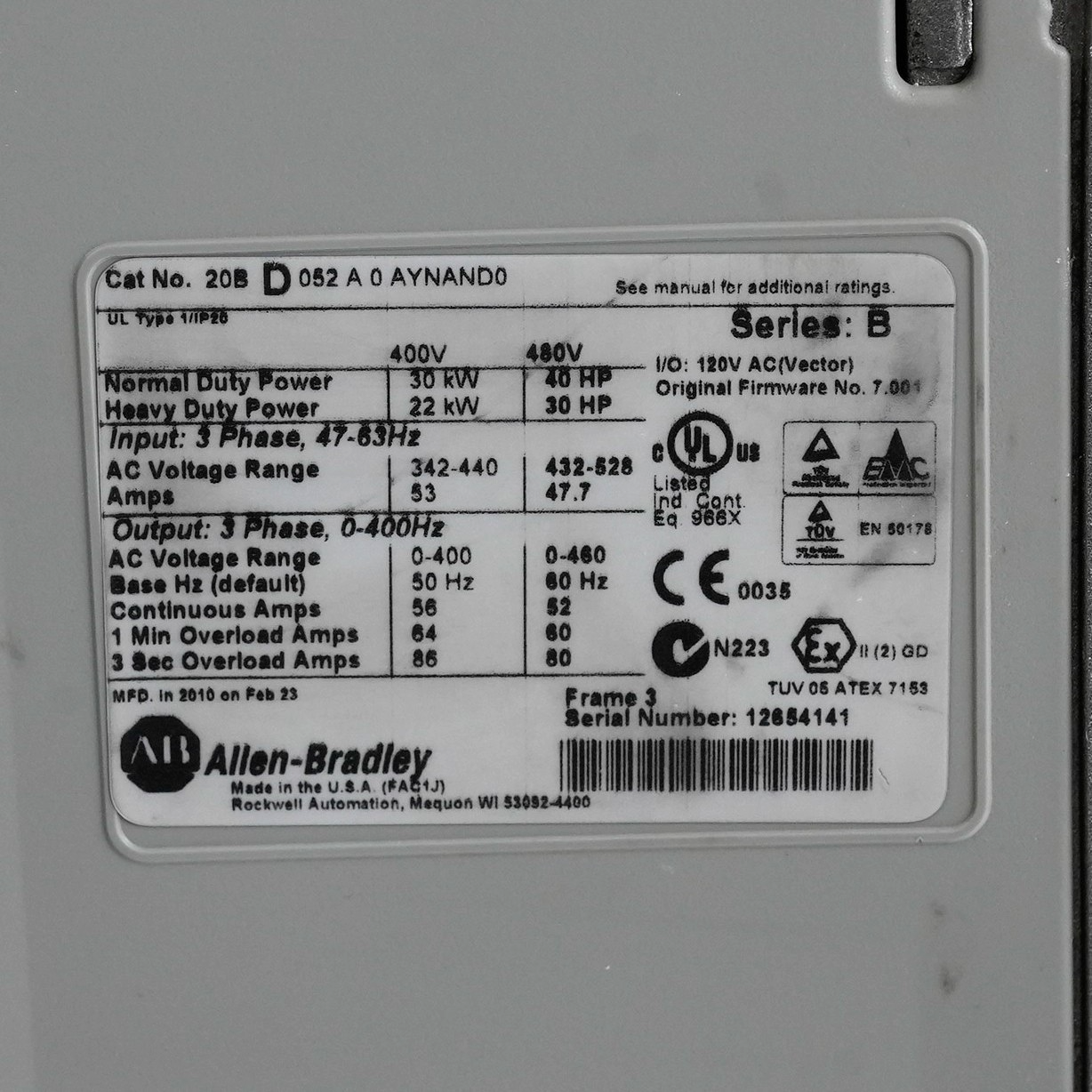 Allen Bradley 20BD052A0AYNAND0 /B PowerFlex 700 480V 3-Phase 52A 40HP AC Drive