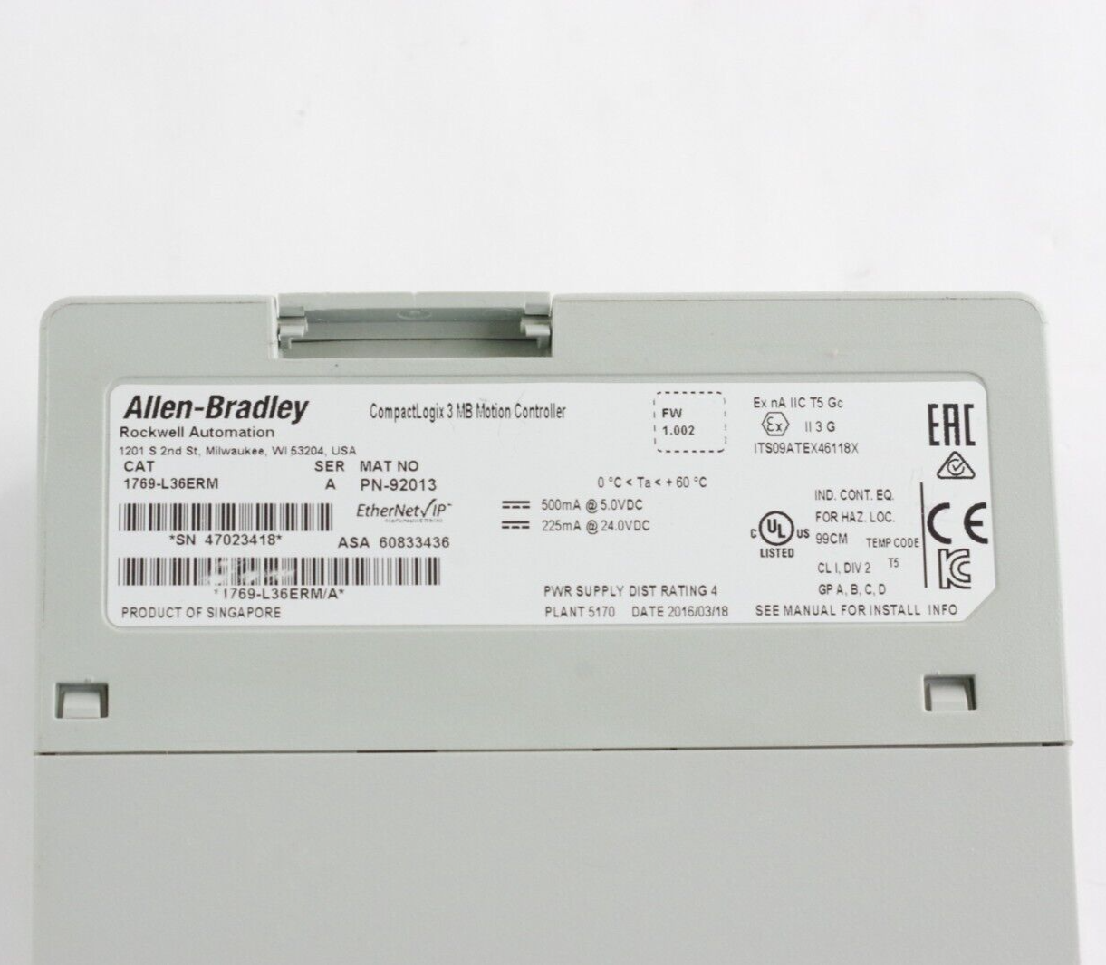 Allen Bradley 1769-L36ERM Ser A CompactLogix L36ERM Motion Controller