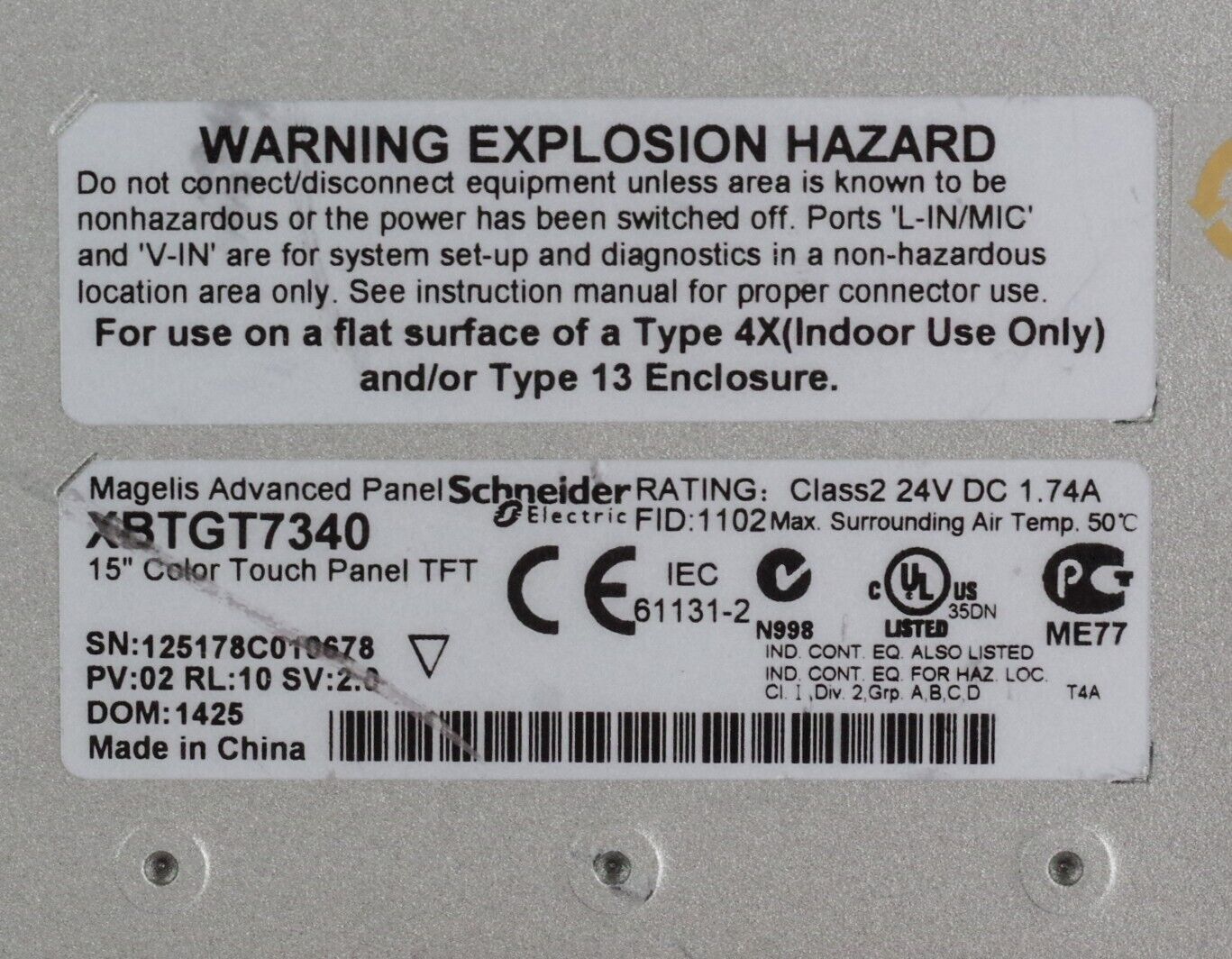 Schneider Electric XBTGT7340 Magelis 15" Color Touch Panel XBT TFT PV02 RL10 SV2