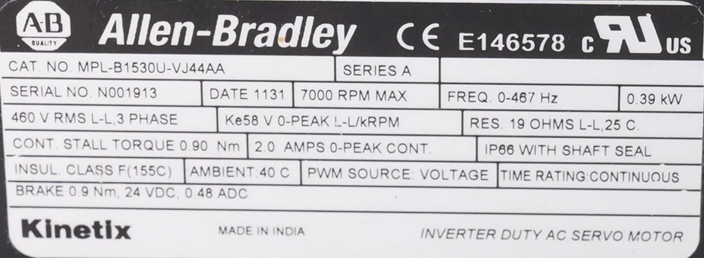 Allen Bradley MPL-B1530U-VJ44AA /A Servo Motor 460V 7000RPM 0.39kW
