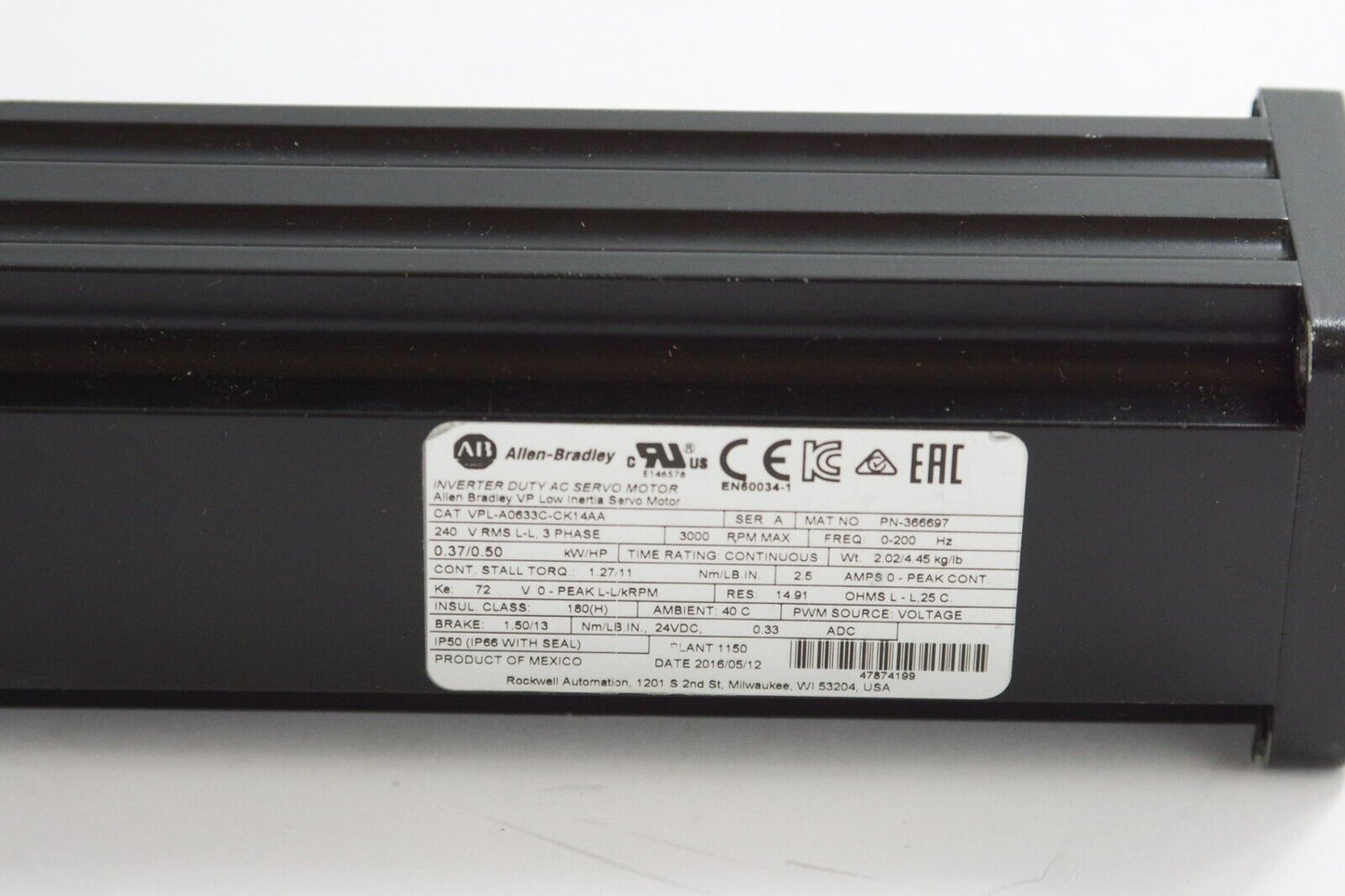 Allen Bradley VPL-A0633C-CK14AA Servo Motor, Low Inertia, 240VAC, 63mm - No Box