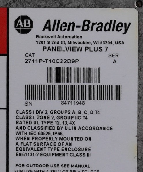 Allen Bradley 2711P-T10C22D9P /A PanelView Plus 7 Terminal 2711PT10C22D9P