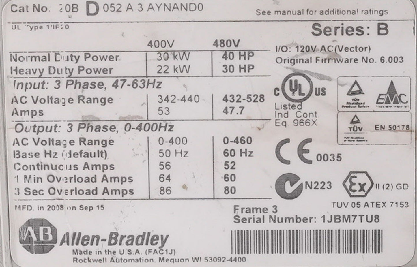 Allen Bradley 20BD052A3AYNAND0 /B PowerFlex 700 AC Drive 480V 52A 40HP SER B