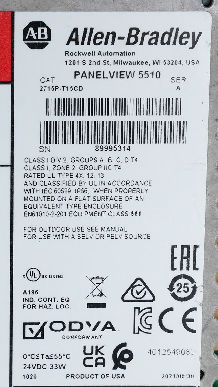 Allen Bradley 2715P-T15CD /A PanelView 5510 15" Color/Touch DC Operator Terminal