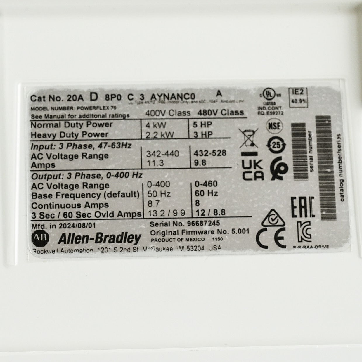 Allen Bradley 20AD8P0C3AYNANC0 PowerFlex 70 Drive 5hp - Without Original Box