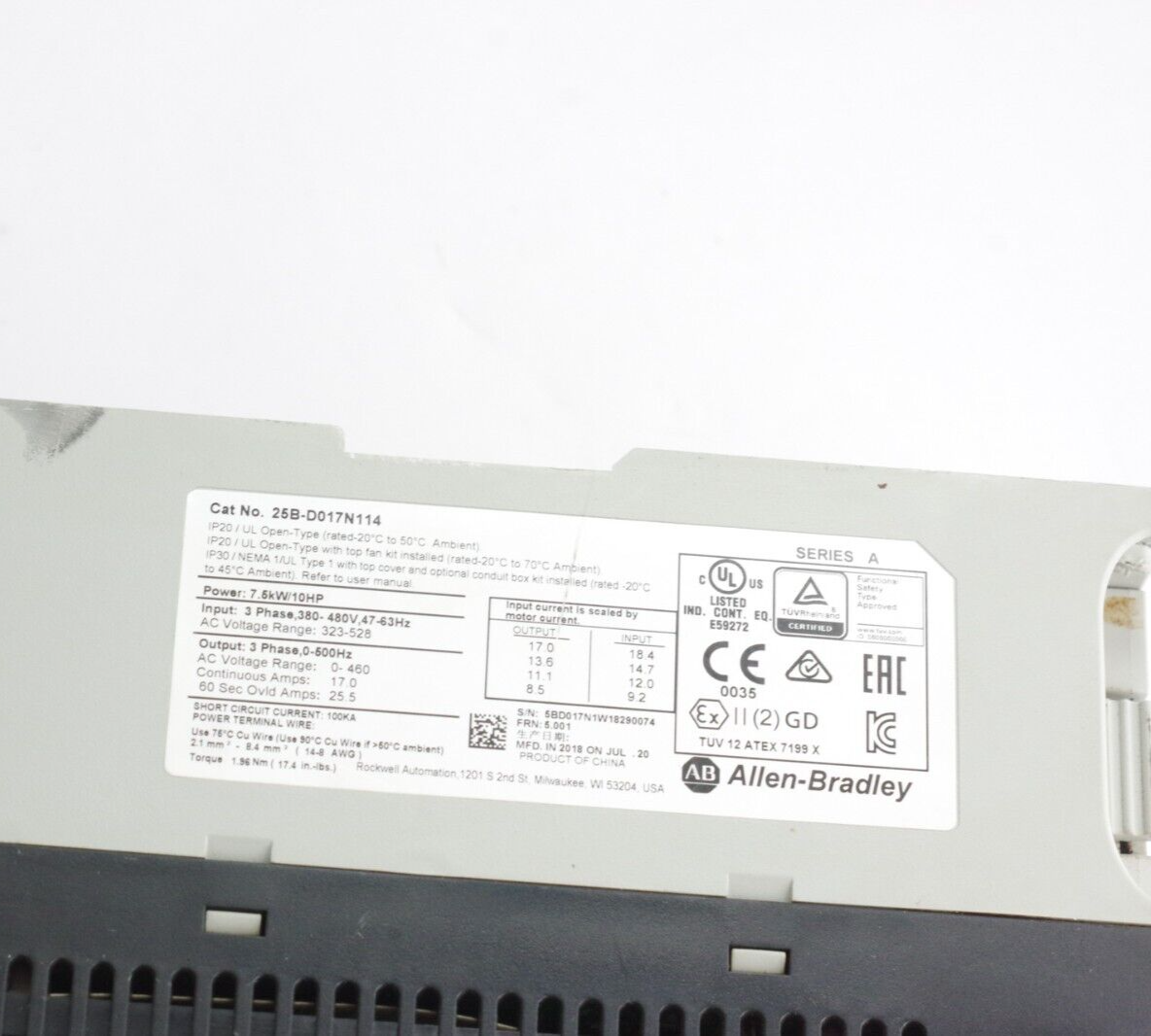 Allen Bradley 25B-D017N114 PowerFlex 525 VFD 500Hz 10Hp 460v 17A F/W 5.001 Ser A