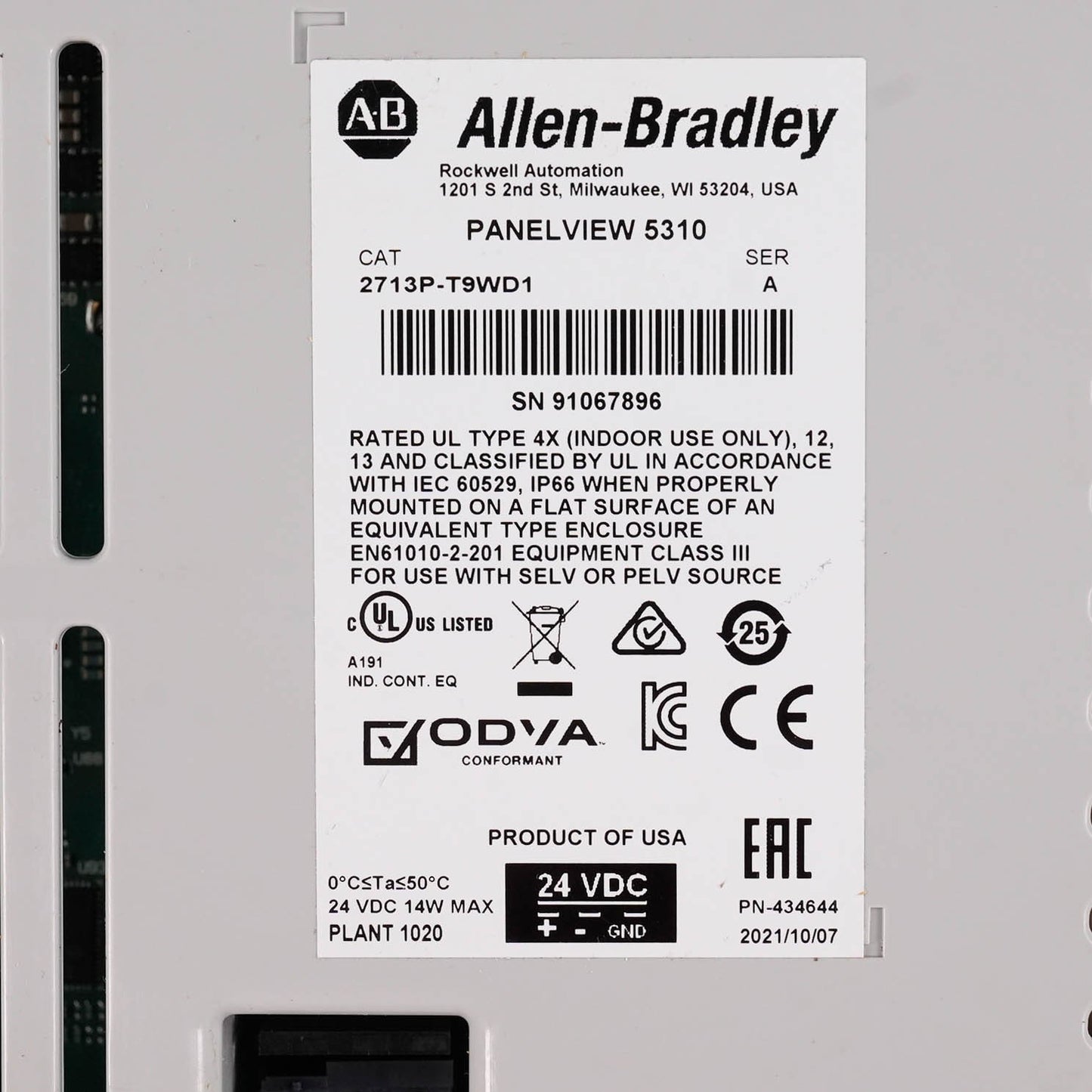 Allen Bradley 2713P-T9WD1 Ser A PanelView 5310 HMI 9-inch Touch Screen 24VDC
