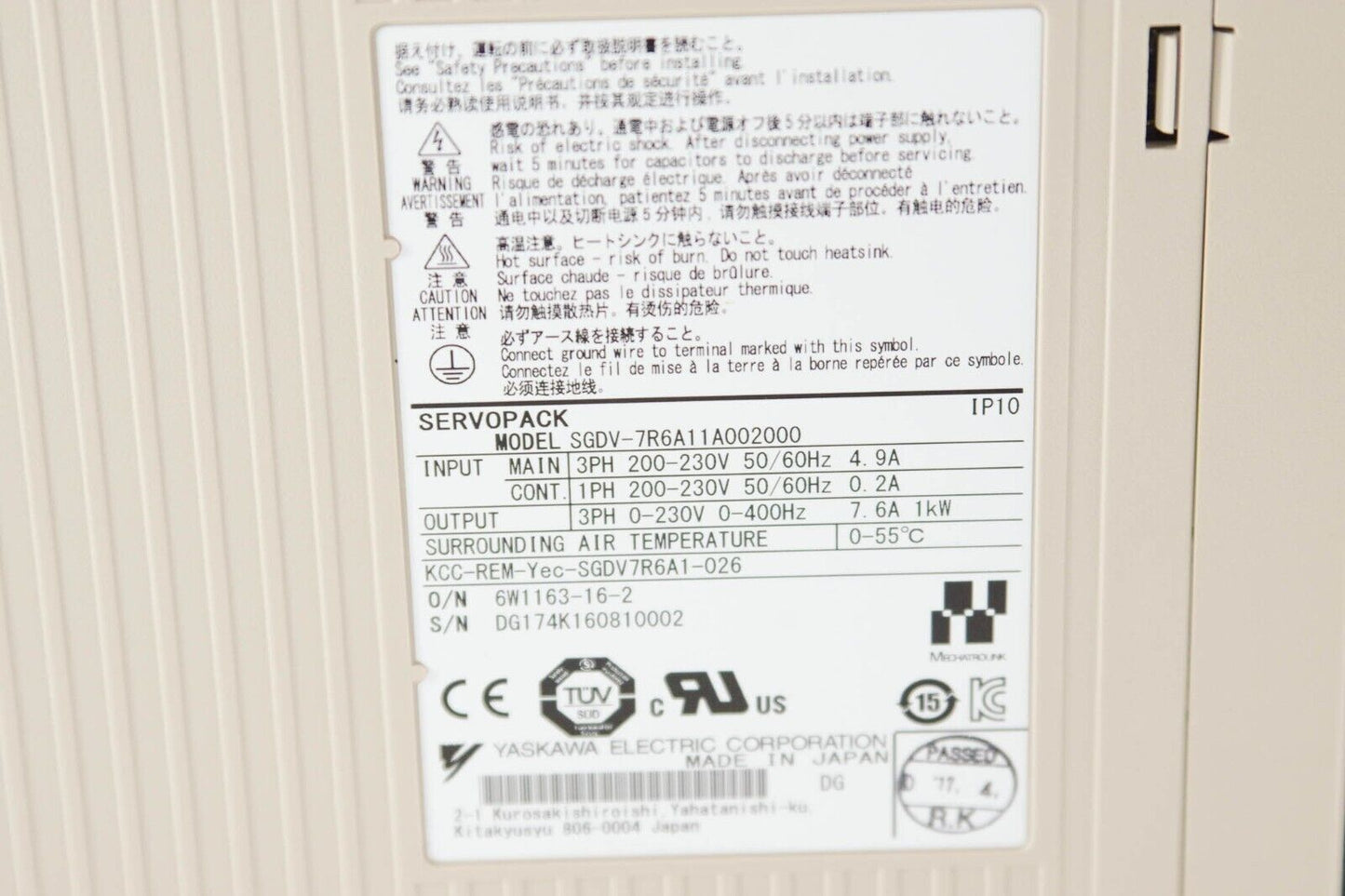 YASKAWA ELECTRIC SGDV-7R6A11A002000 SERVOPACK 6W1163-16 - Open Box