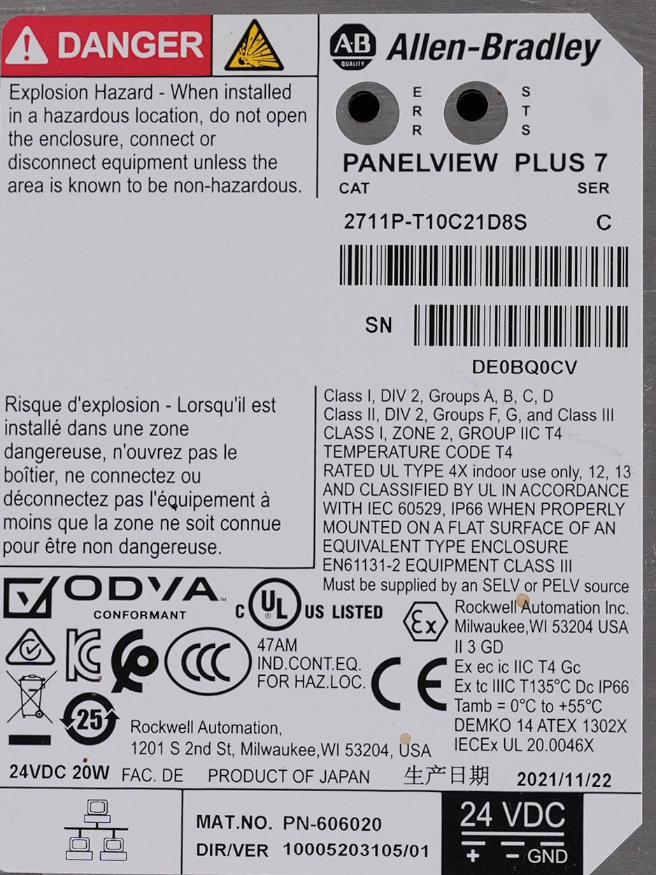 Allen Bradley 2711P-T10C21D8S /C Panelview Plus 7 2711PT10C21D8S Ser C +Warranty