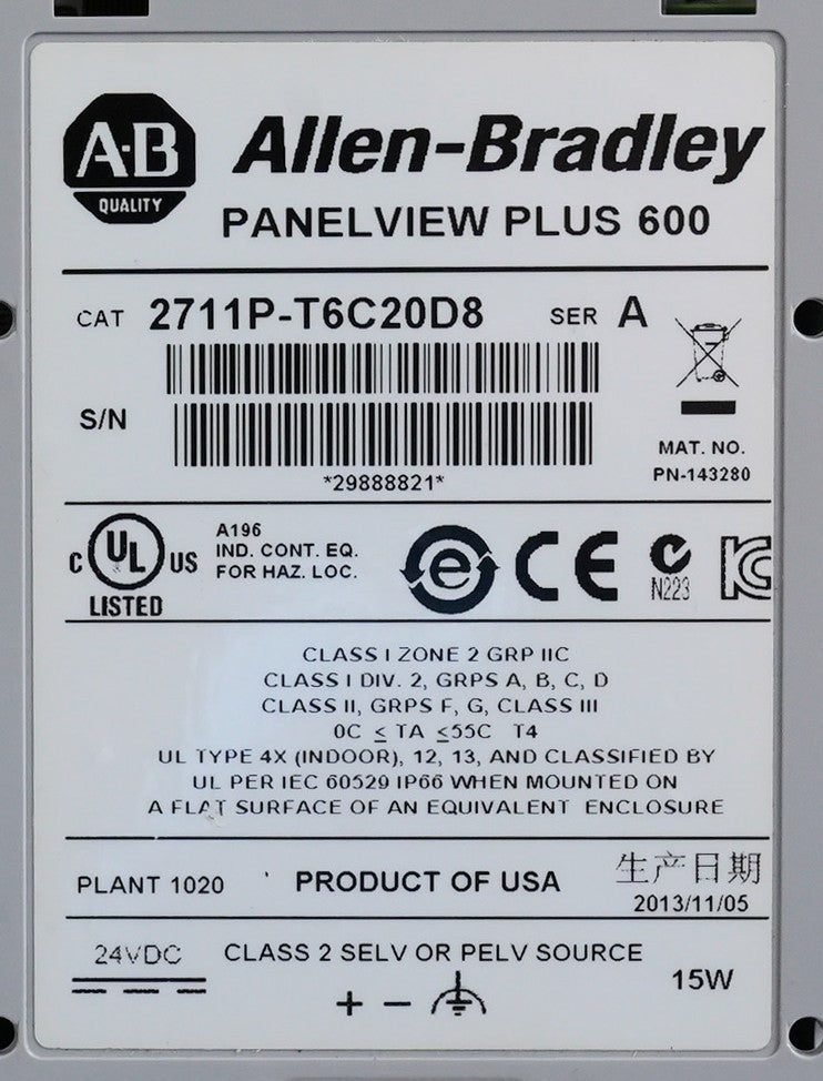 Allen Bradley 2711P-T6C20D8 /A Panelview Plus 600 Display Terminal 2711PT6C20D8