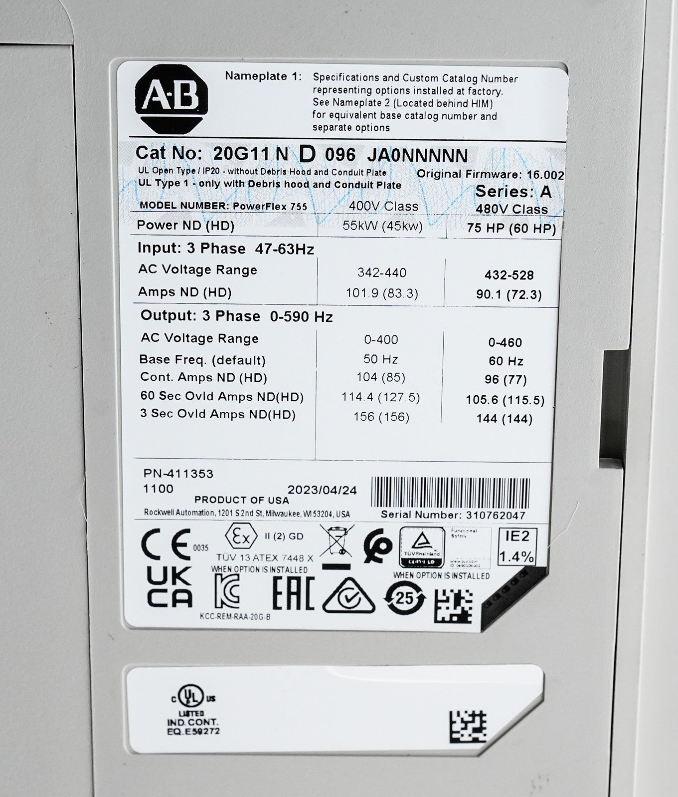 Allen Bradley 20G11ND096JA0NNNNN /A Powerflex 755 AC Drive 60HP - Open Box