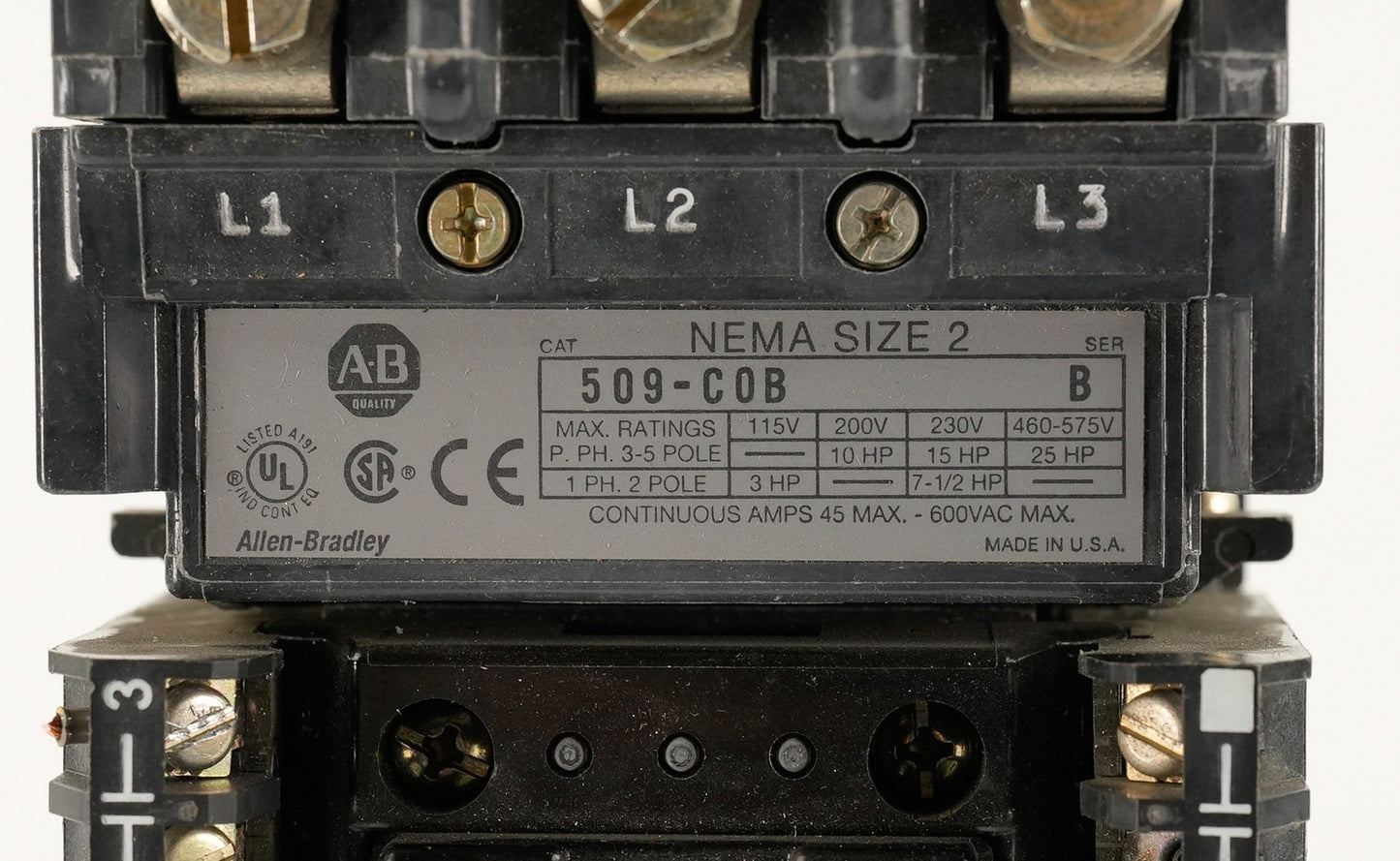 Allen Bradley 509-C0B /B NEMA Size 2 Starter 575V 25HP 2-Pole 509C0B 120V Coil