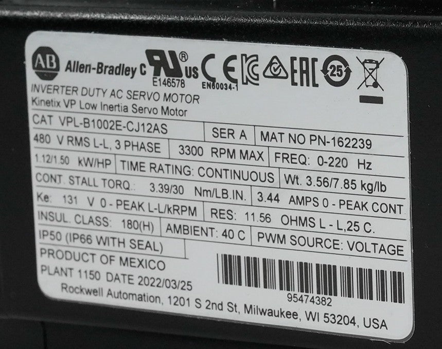 Allen Bradley VPL-B1002E-CJ12AS /A Kinetix VP Low Inertia AC Servo Motor
