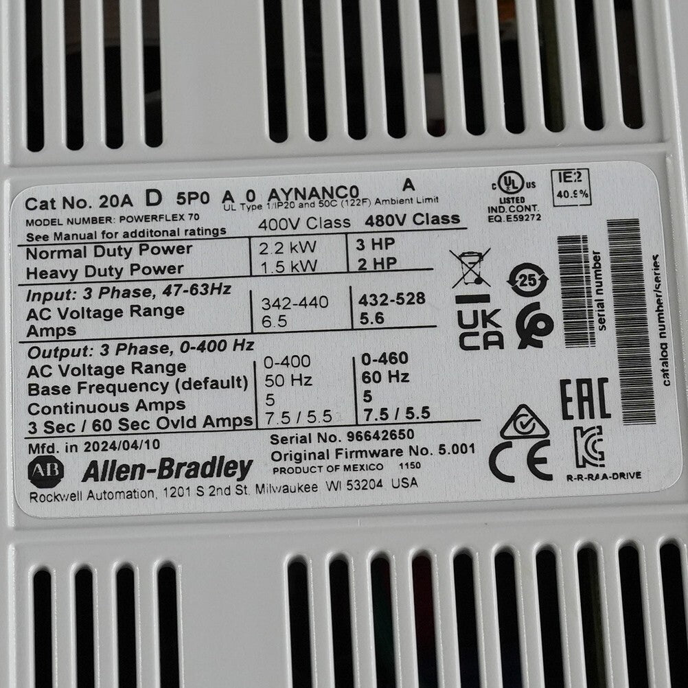 Allen Bradley 20AD5P0A0AYNANC0 /A PowerFlex70 3-Ph Drive - Without Origal Box