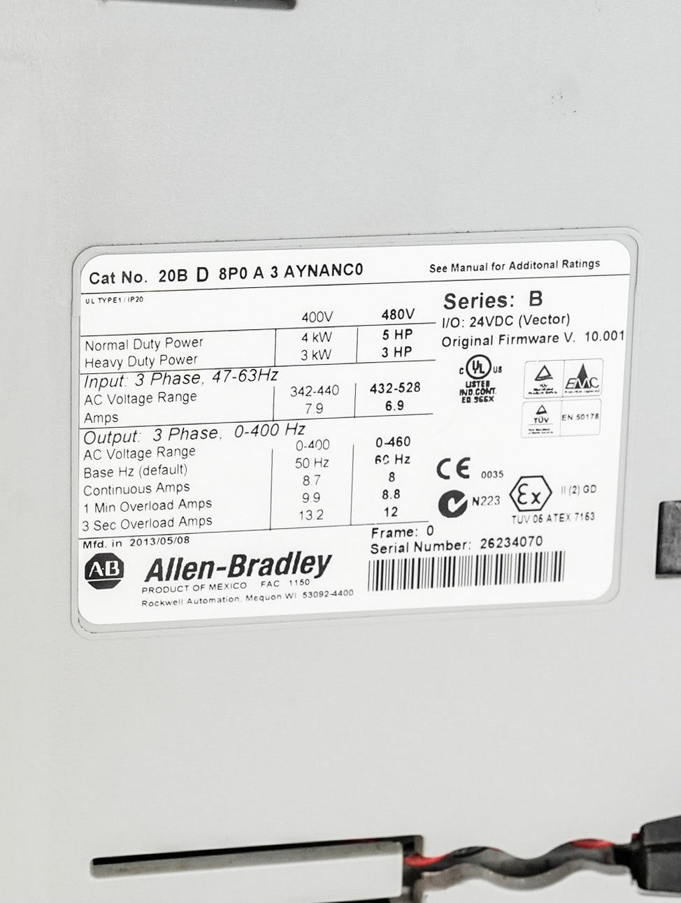 Allen Bradley 20BD8P0A3AYNANC0 /B Powerflex 8Amp 5Hp 700 AC Drive Series B