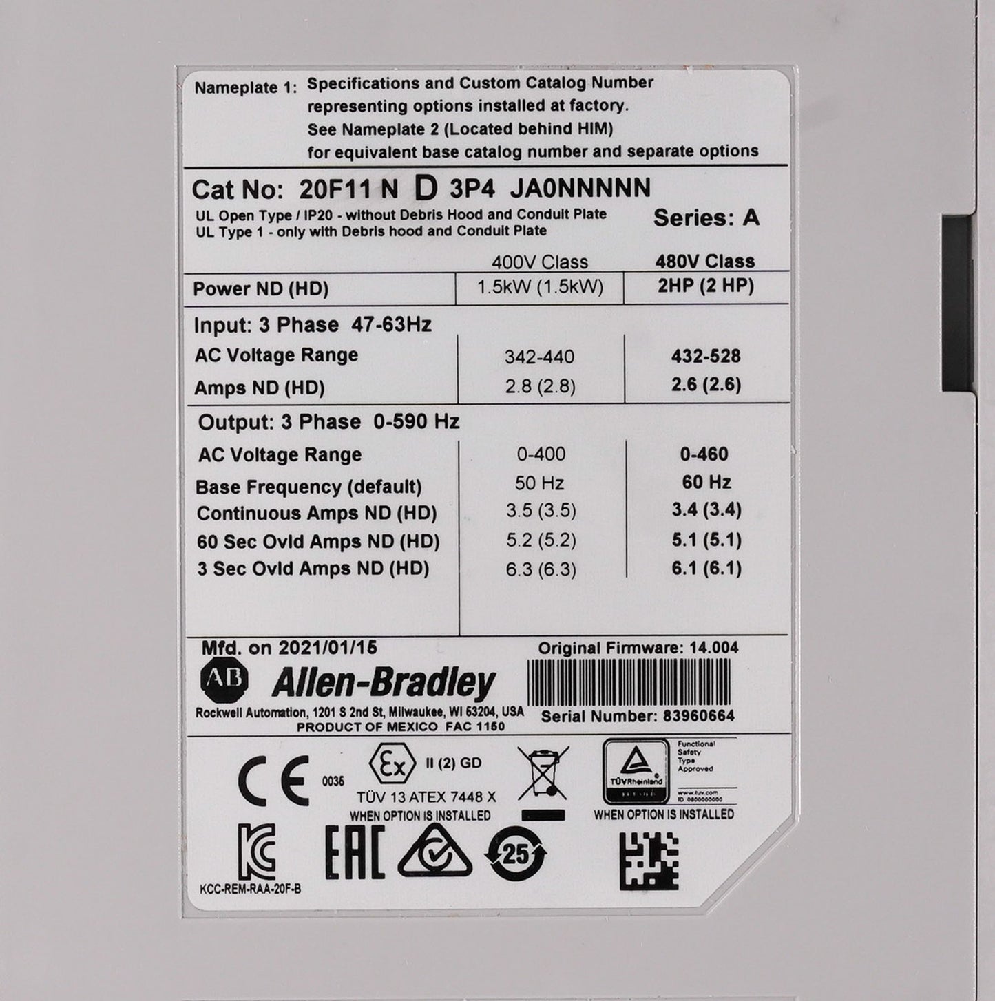 Allen Bradley 20F11ND3P4JA0NNNNN /A PowerFlex 753 AC Drive 480V 2HP 3-Phase