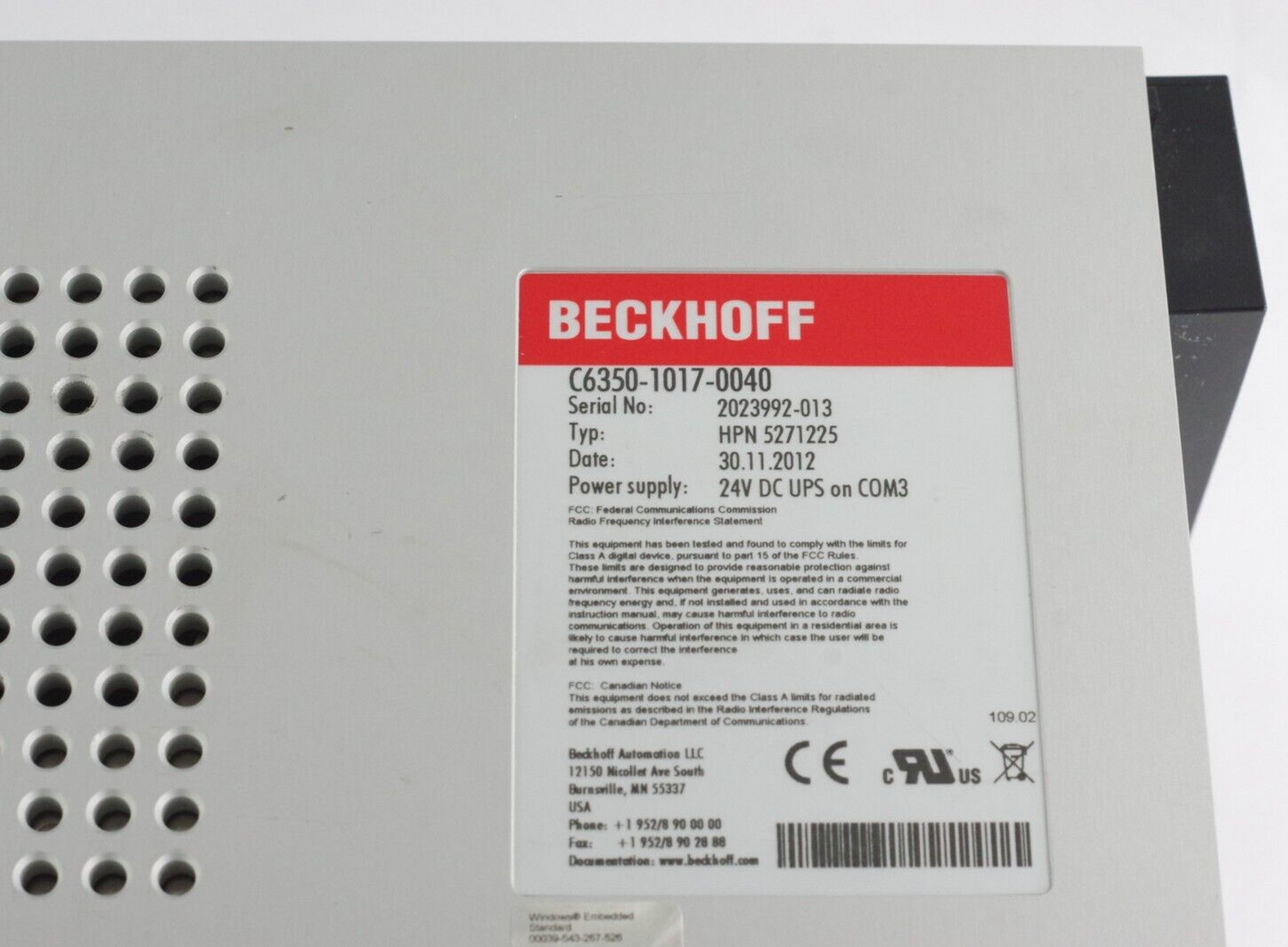 Beckhoff Automation C6350-1017-0040 Control Cabinet 5-Slot Industrial PC 24V DC