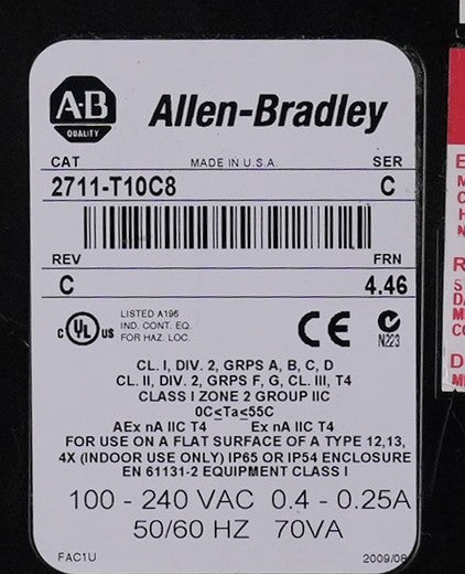Allen Bradley 2711-T10C8 /C Rev C FRN 4.46 PanelView 1000 Color Touch Display