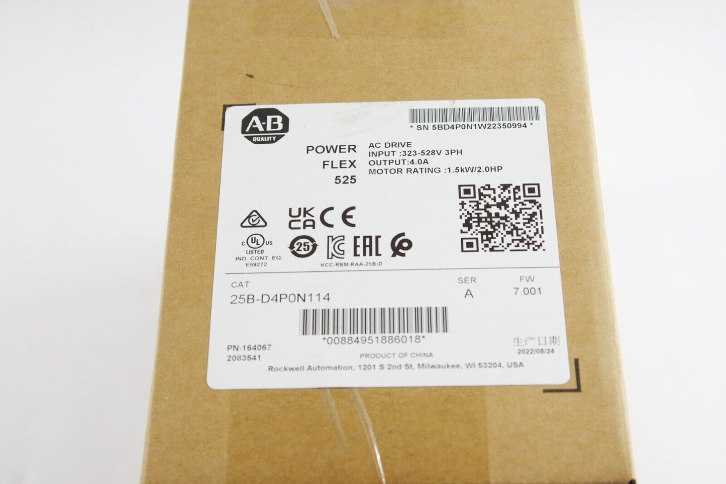 2022 Allen Bradley 25B-D4P0N114 Ser A PowerFlex 525 AC Drive 480V 2HP - Open Box