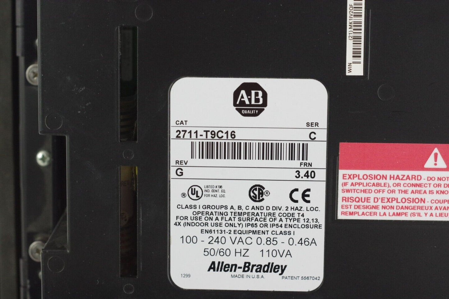 Allen Bradley 2711-T9C16 Ser C Rev G FRN 3.40 PanelView 900 Color Touch