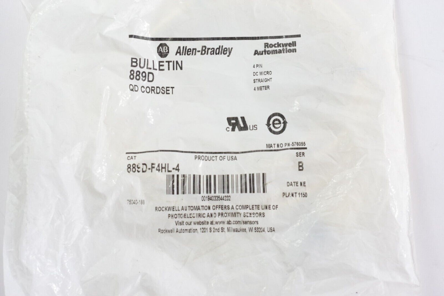 Allen Bradley 889D-F4HL-4 Ser B Cordset DC Micro Straight 4-Pin - Sealed Surplus