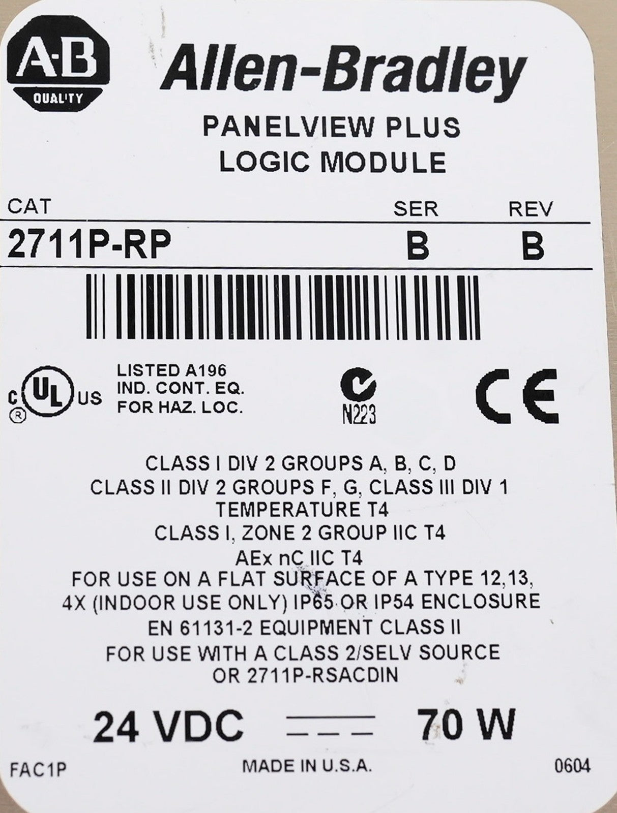 Allen Bradley 2711P-RP /B Rev B PanelView Plus Logic Module 2711PRP