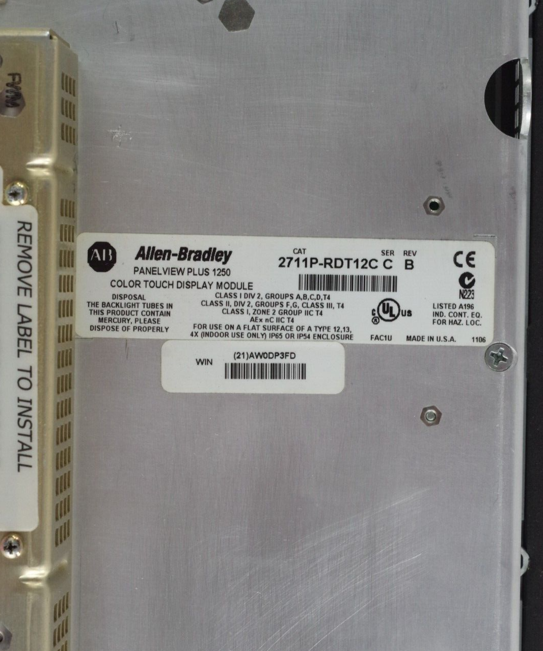 Allen Bradley 2711P-T12C4B1 Ser A PanelView Plus 1250 w/ 2711P-RP/B Logic Module