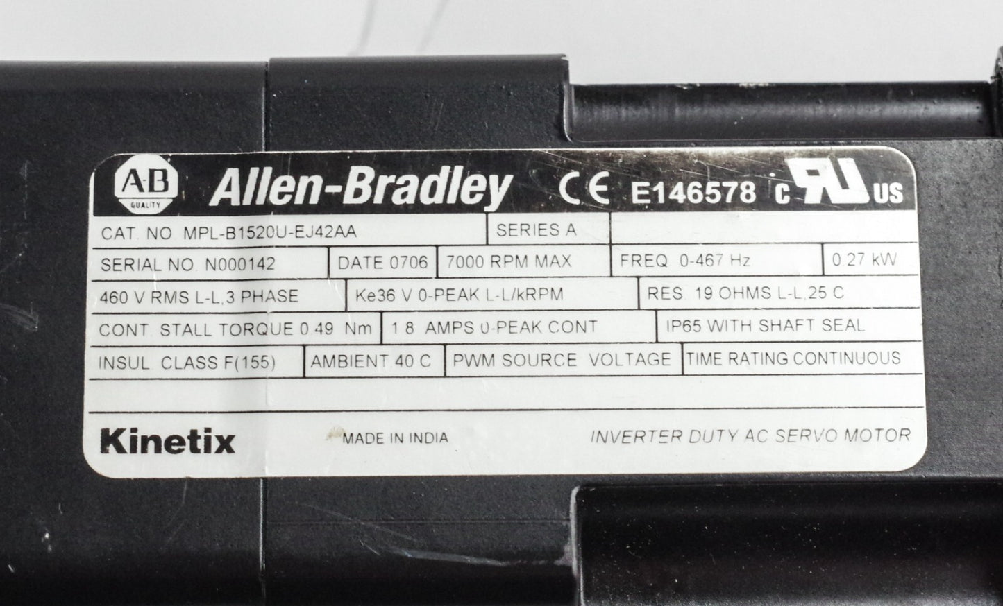 Allen Bradley MPL-B1520U-EJ42AA /A 3-Phase 0.27kW 7000RPM Servo Motor