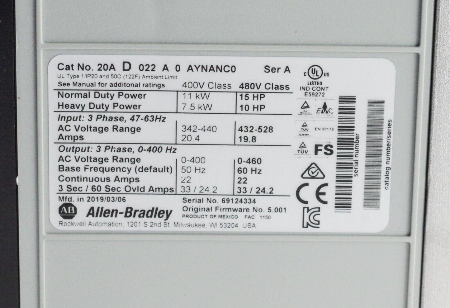 Allen Bradley 20AD022A0AYNANC0 Ser A PowerFlex 70 Series A Drive - Installed