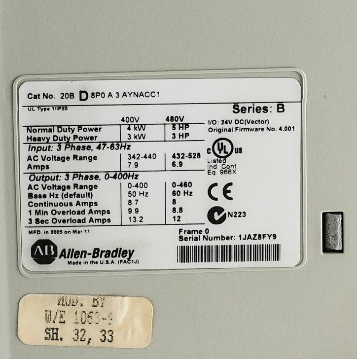 Allen Bradley 20BD8P0A3AYNACC1 /B Powerflex 700 3-Phase AC Drive - Refurbished