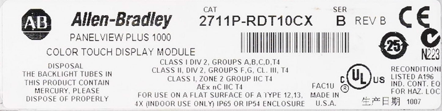 Allen Bradley 2711P-RDT10CX /B PanelView Plus 1000 Color Touch Display Module