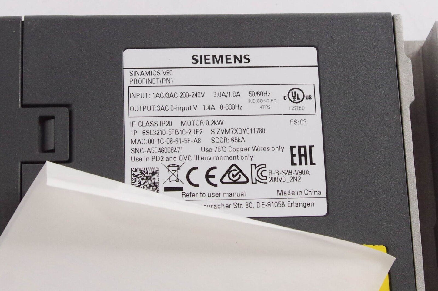 SIEMENS 6SL3210-5FB10-2UF2 / 6SL32105FB102UF2 SINAMICS V90 PROFINET(PN)