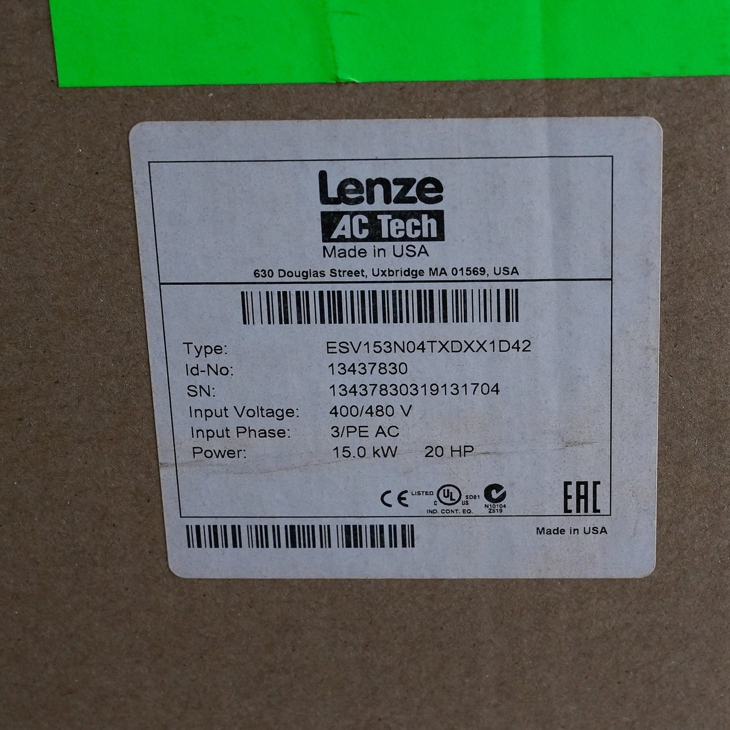 Lenze AC Tech ESV153N04TXD / ESV153N04TXDXX1D42 Inverter 3/PE AC 480V 20hp Drive