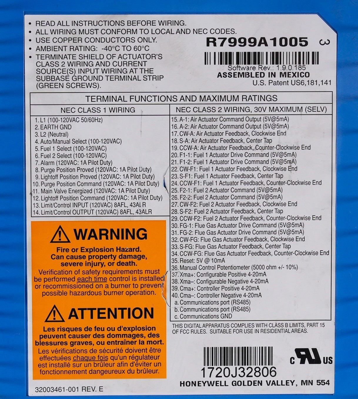 Honeywell CleaverBrooks R7999A1005 Fuel/Air Controller