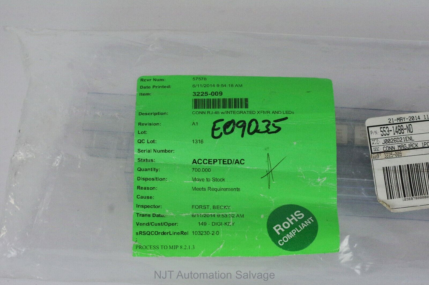 1x Pulse Electronics JK0-0025NL 1-Port RJ45 Magjack Connector PoE 553-1488-ND