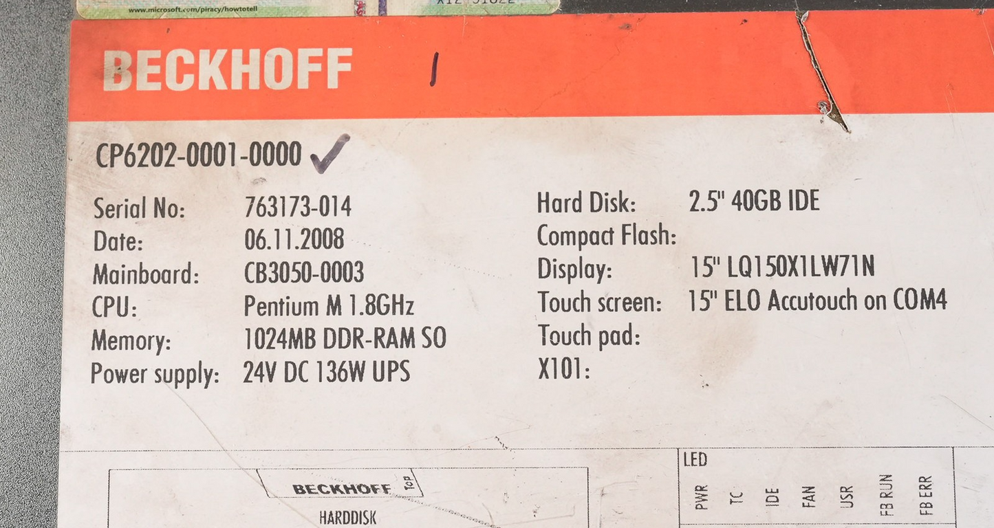 Beckhoff CP6202-0001-0000 Panel PC Intel Pentium M 1.8Ghz 40GB HDD 1024MB RAM