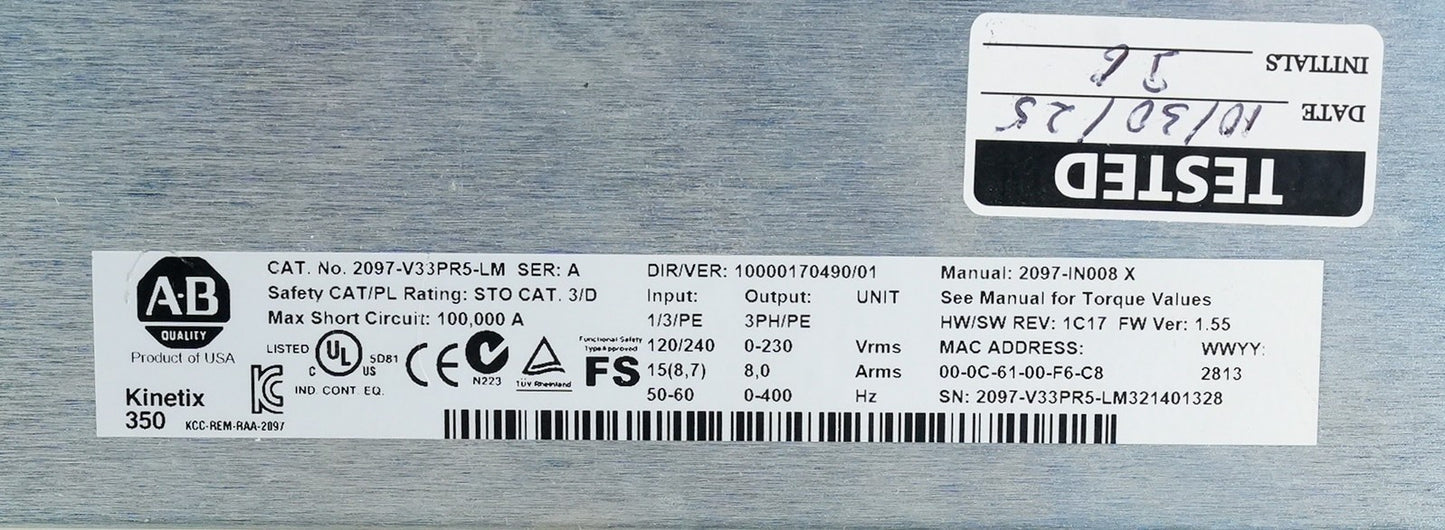 Allen Bradley 2097-V33PR5-LM /A Kinetix 350 Servo Drive 2097V33PR5LM