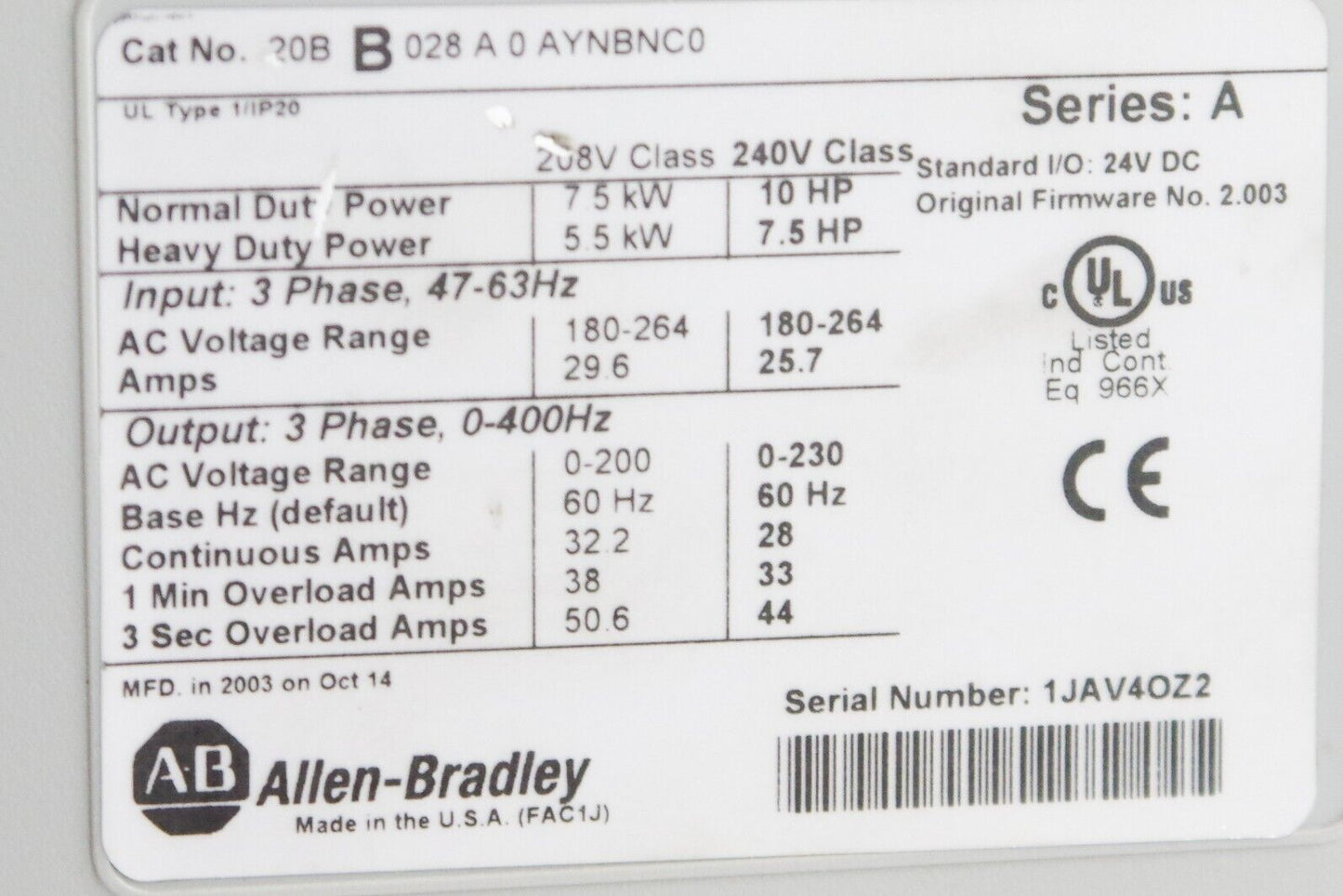 Allen Bradley PowerFlex 700 10HP VFD 20BB028A0AYNBNC0 240V + 1 Year Warranty